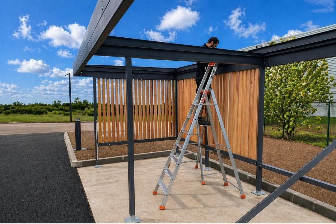 Pose d'un abri vélo Steelbox en acier par l'équipe d'installation en France