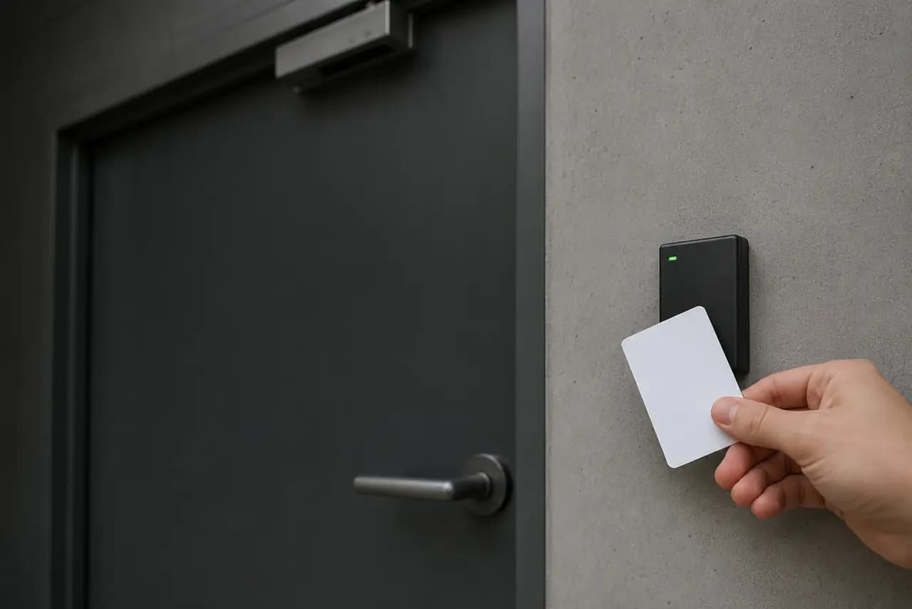 Lecteur de badge RFID et serrure ventouse à l’entrée d’un local vélo en acier peint