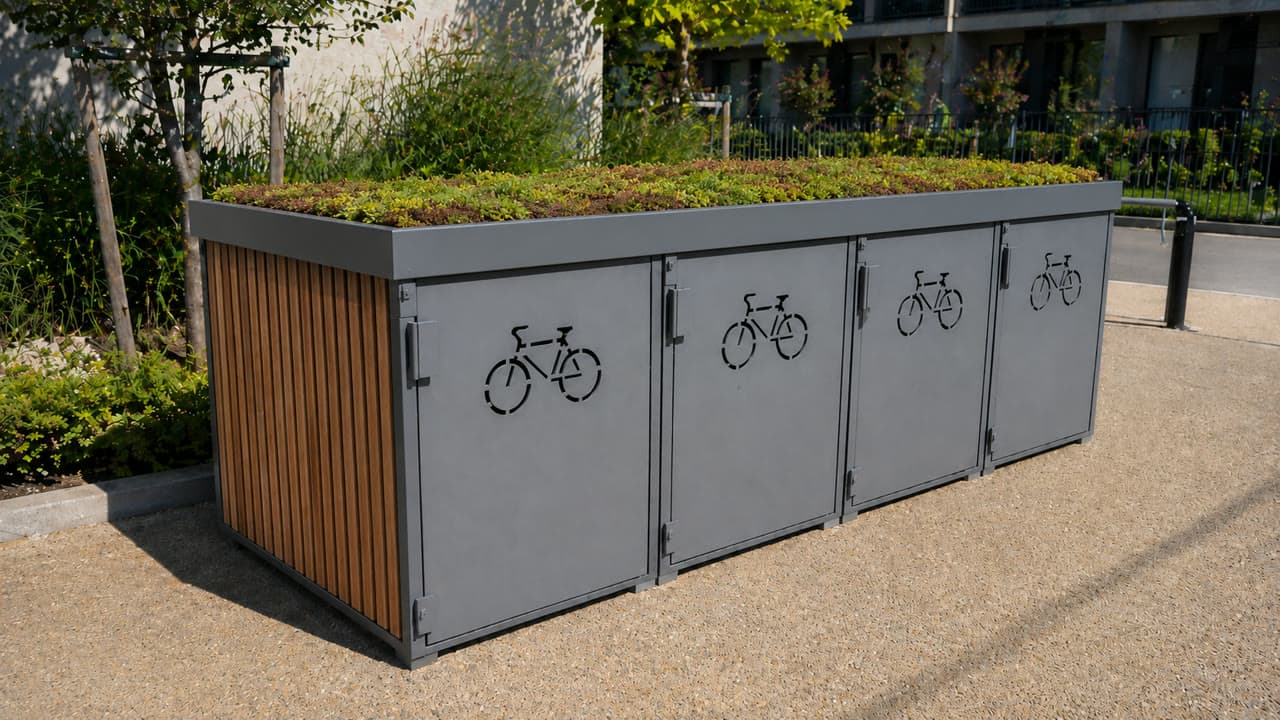 Box vélo individuel en acier Steelbox avec toit végétalisé en sedums