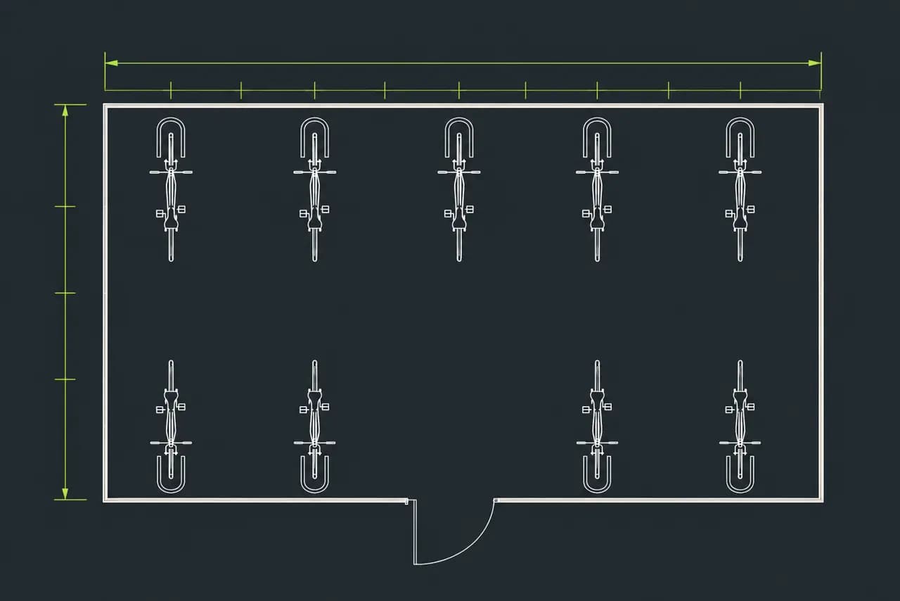 Plan d'aménagement d'un local à vélos : allée centrale, arceaux et dimensionnement réglementaire
