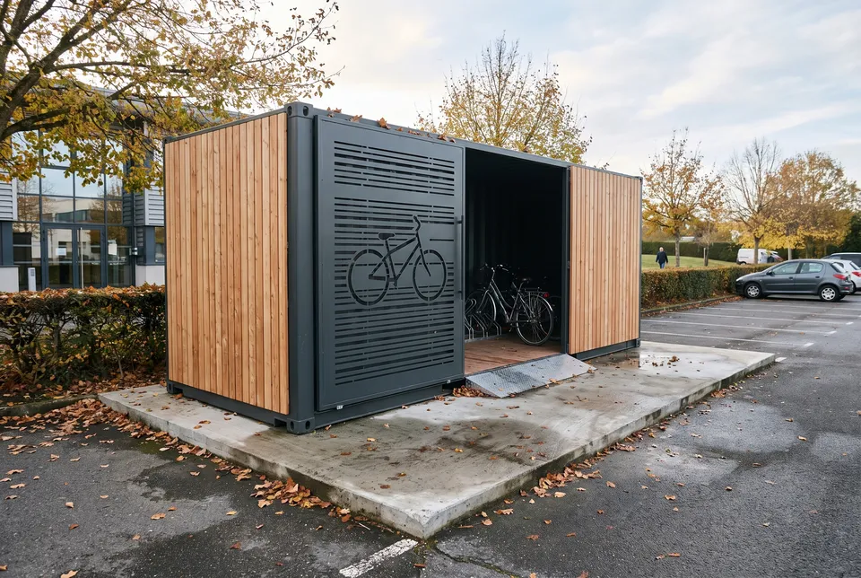 Abri vélo fermé Contéo, conteneur anthracite habillé de bardage bois, porte ouverte sur les vélos rangés, sur le parking d'une entreprise