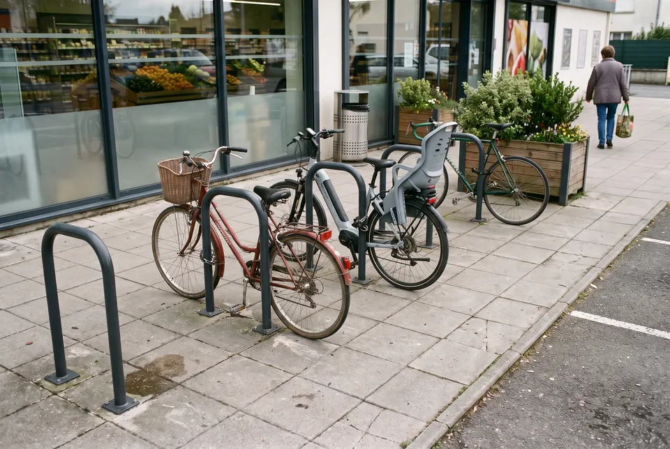 Arceaux vélo Dunéa en acier anthracite fixés sur le trottoir devant un supermarché, avec vélos de ville et vélo électrique attachés