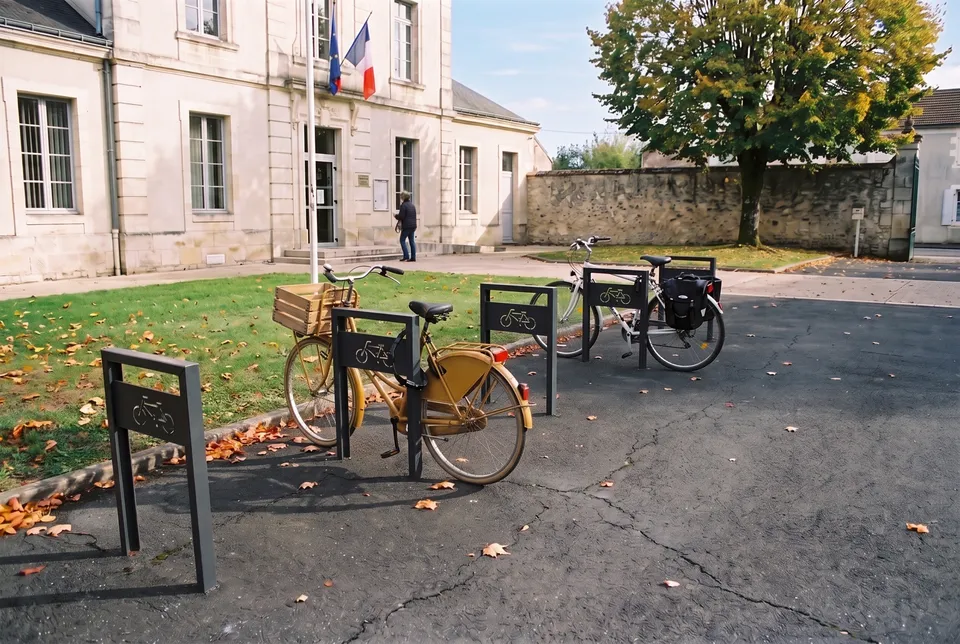 Arceaux vélo Pannéo en acier anthracite avec panneau à pictogramme vélo, scellés dans l'enrobé devant une mairie