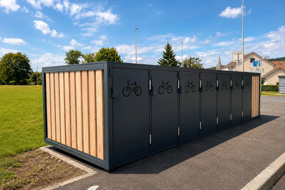 Box vélos Multibox en acier gris anthracite avec habillage bois clair, portes individuelles à pictogramme vélo, installé en bordure de voirie.
