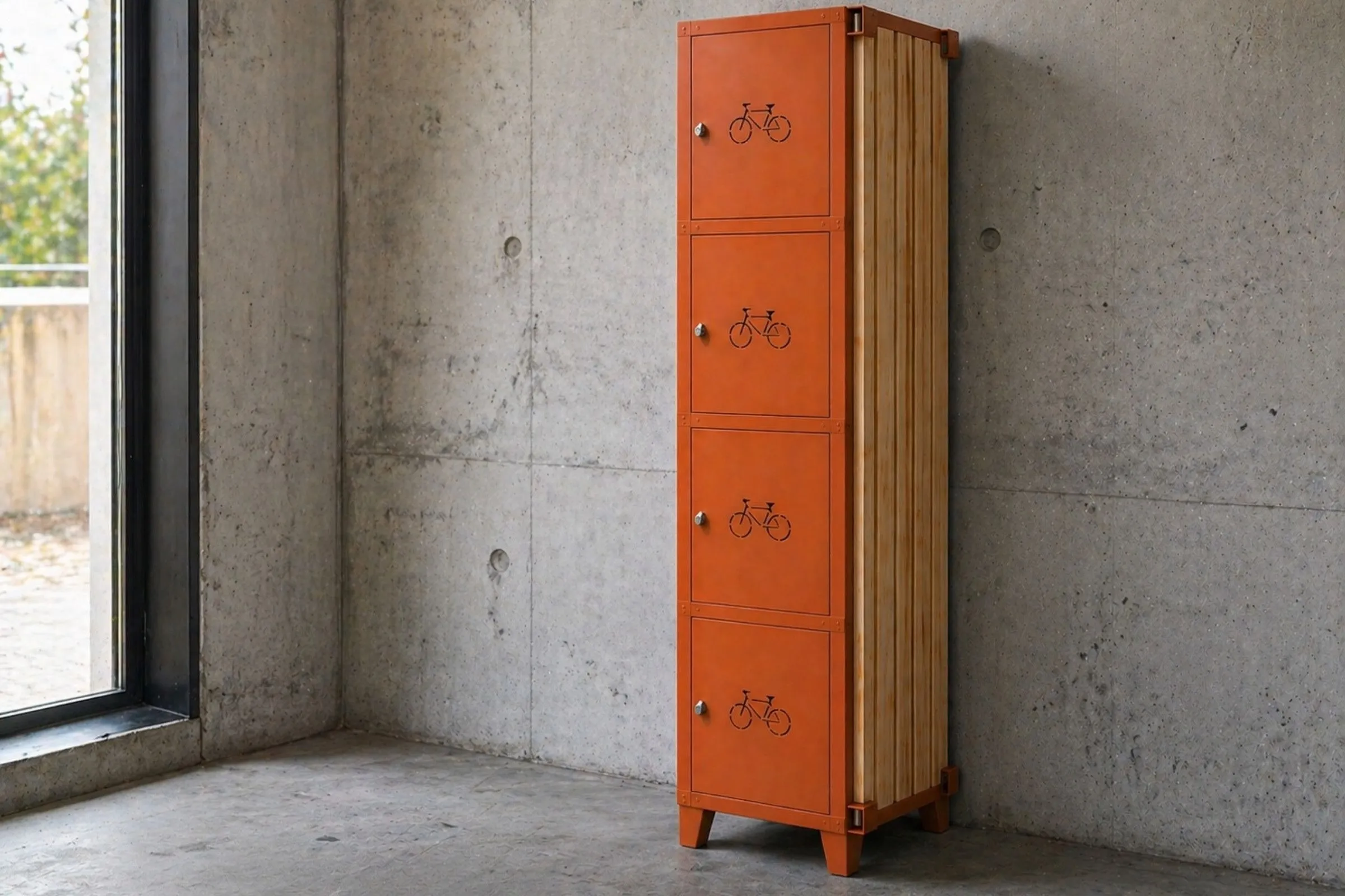 Casier vélo 4 compartiments orange avec bardage bois, installé dans un local