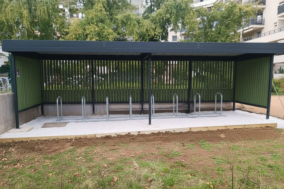 Abri vélo Linéa vert à lames verticales installé au pied d’une résidence