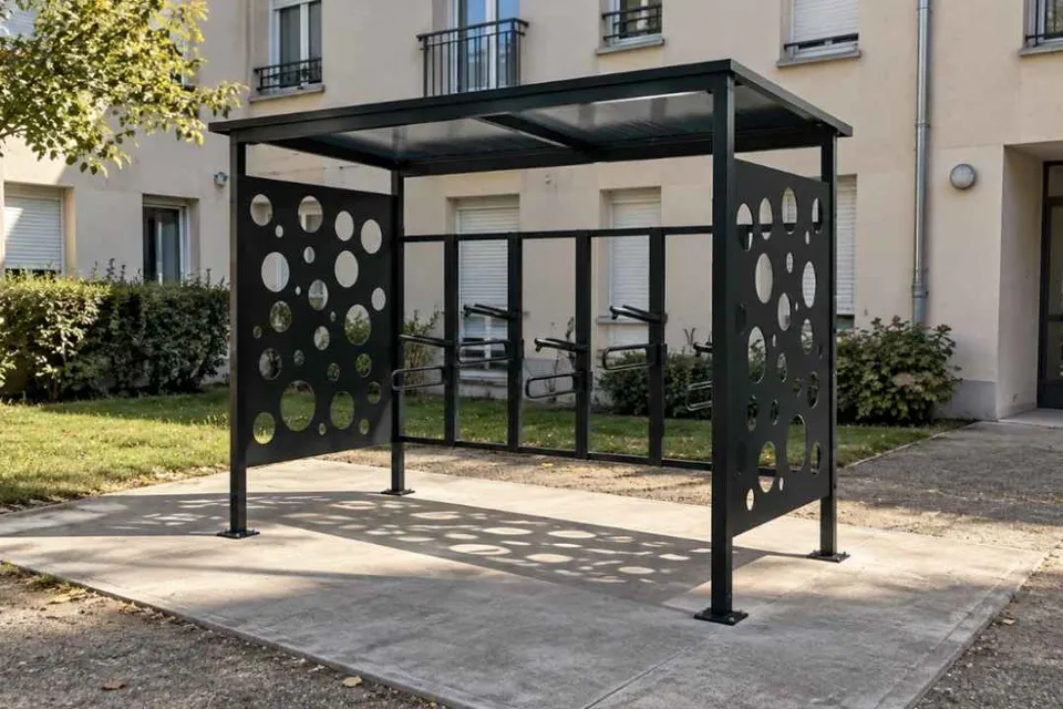 Abri vélo ouvert Lunéo noir à panneaux perforés de cercles, équipé de racks vélos, devant un immeuble