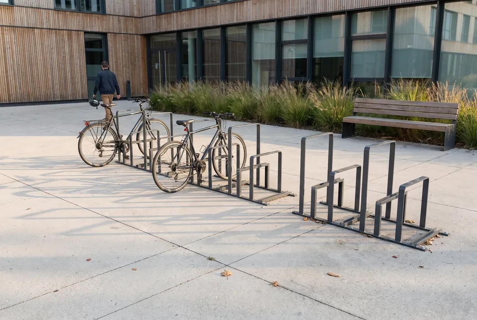 Racks vélo Clivéo en acier anthracite à emplacements haut et bas alternés, sur le parvis d'un immeuble de bureaux à bardage bois