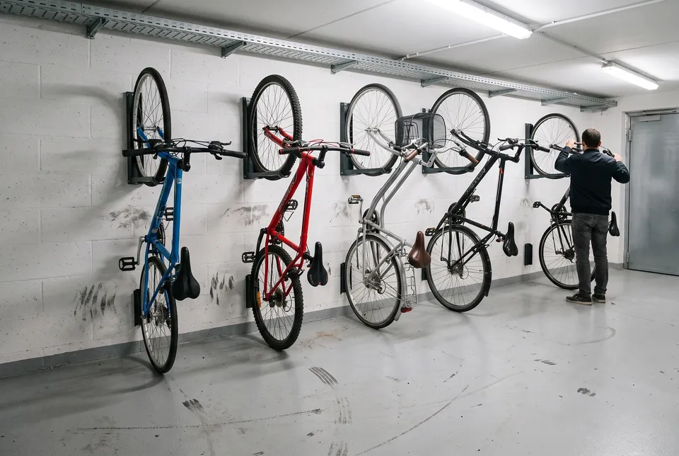 Supports vélo muraux TourniVélo pivotants dans un local vélo, vélos suspendus verticalement par la roue avant le long du mur