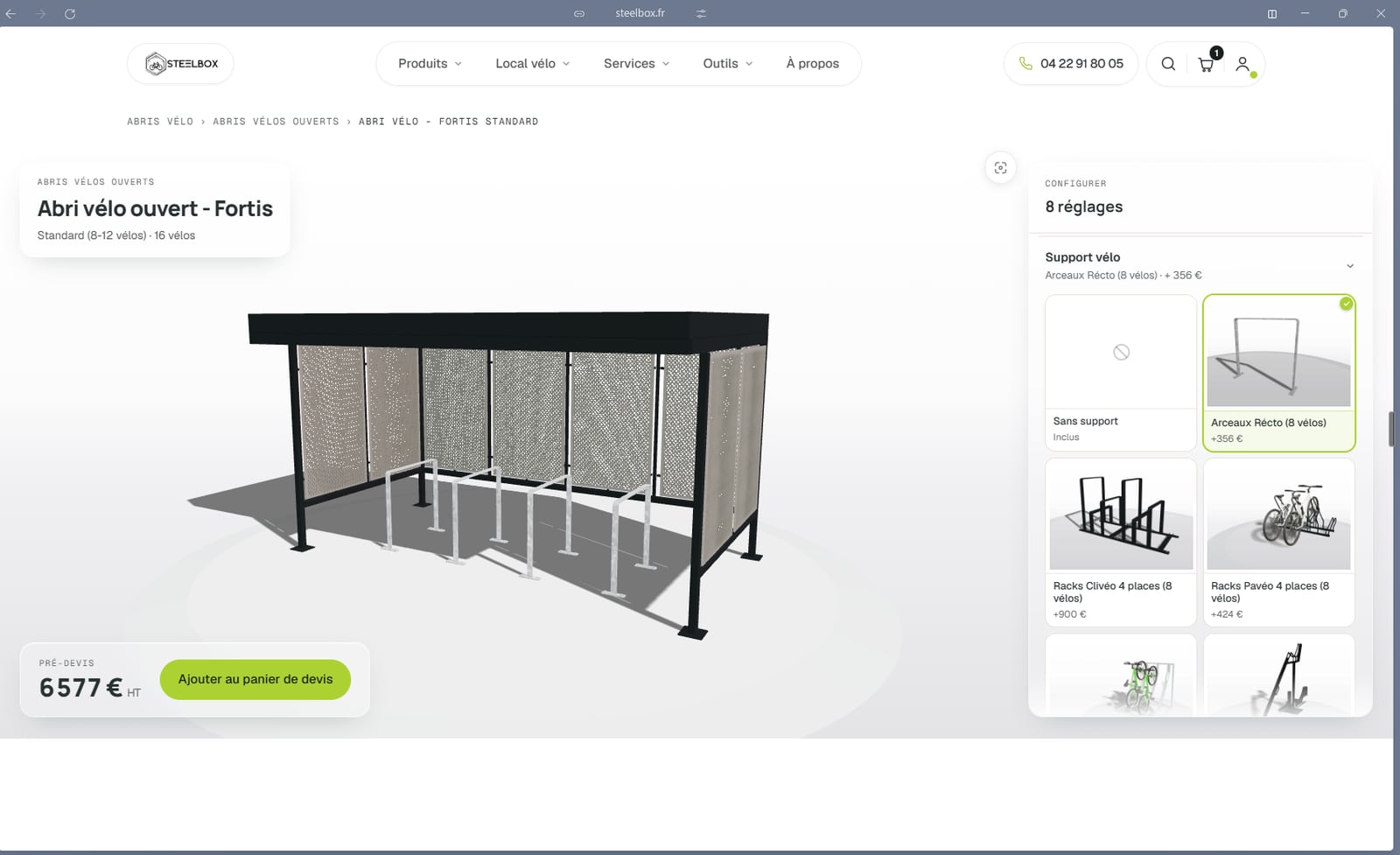 Configurateur 3D Steelbox : abri vélo ouvert Fortis avec arceaux, réglages à droite et pré-devis affiché